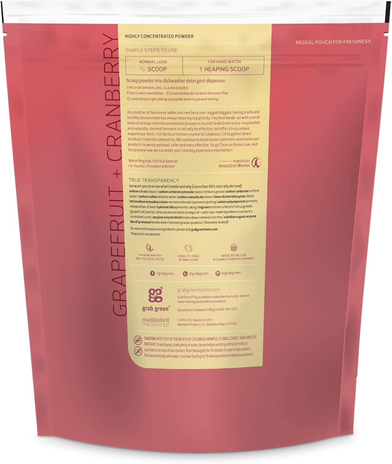 Grab Green Automatic Dishwashing Detergent Powder 3.17 lbs, 80 Loads, Grapefruit Cranberry Scent