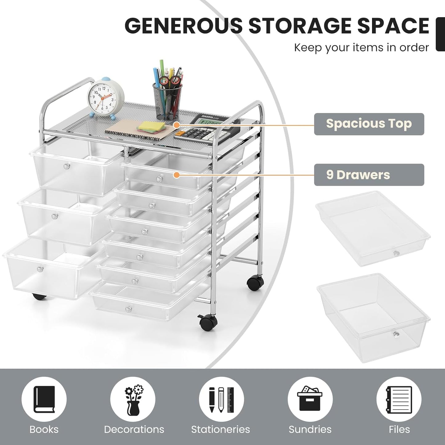 GOFLAME 9-Drawer Rolling Storage Cart, Mobile Utility Cart with Removable Drawers & Metal Frame