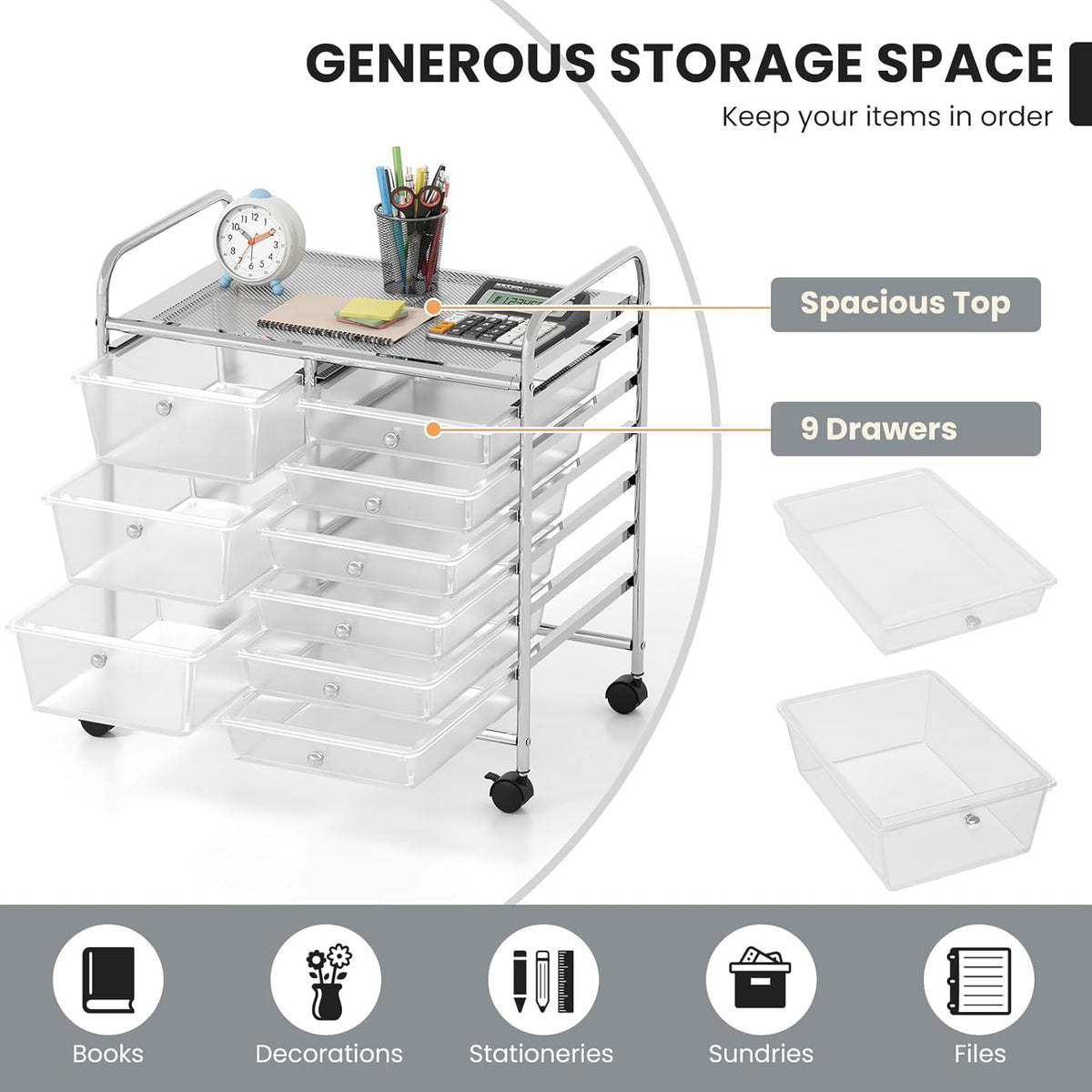 GOFLAME 9-Drawer Rolling Storage Cart, Mobile Utility Cart with Removable Drawers & Metal Frame