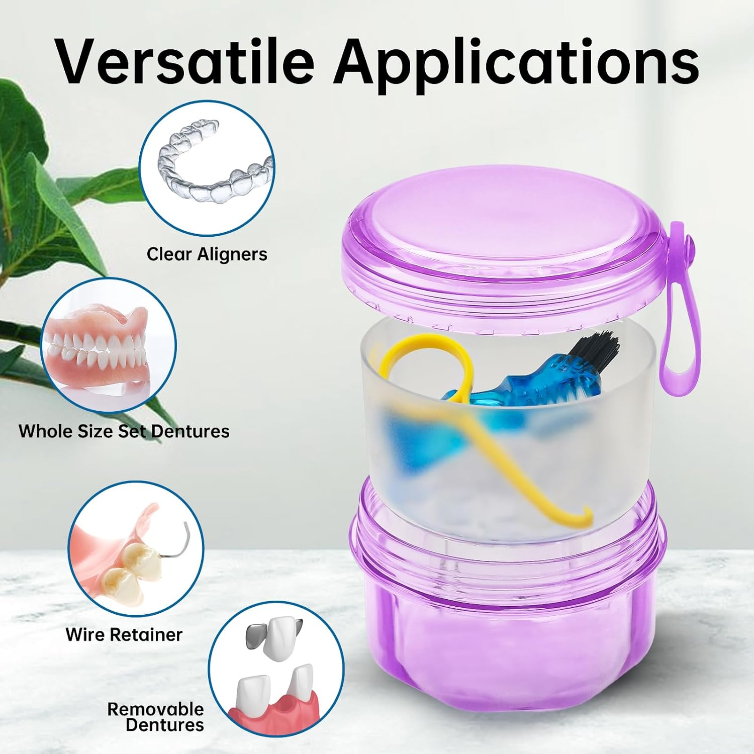 Leakproof Denture Case Purple Denture Soaking Cup False Teeth Container, Dental Denture Bath Holder
