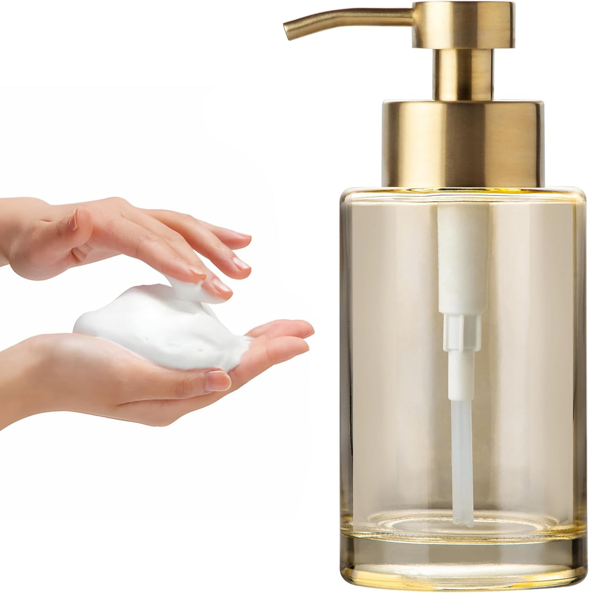 Enra Gold Foaming Soap Dispenser, 12oz Thick Glass Bathroom & Kitchen Dispenser with Stainless