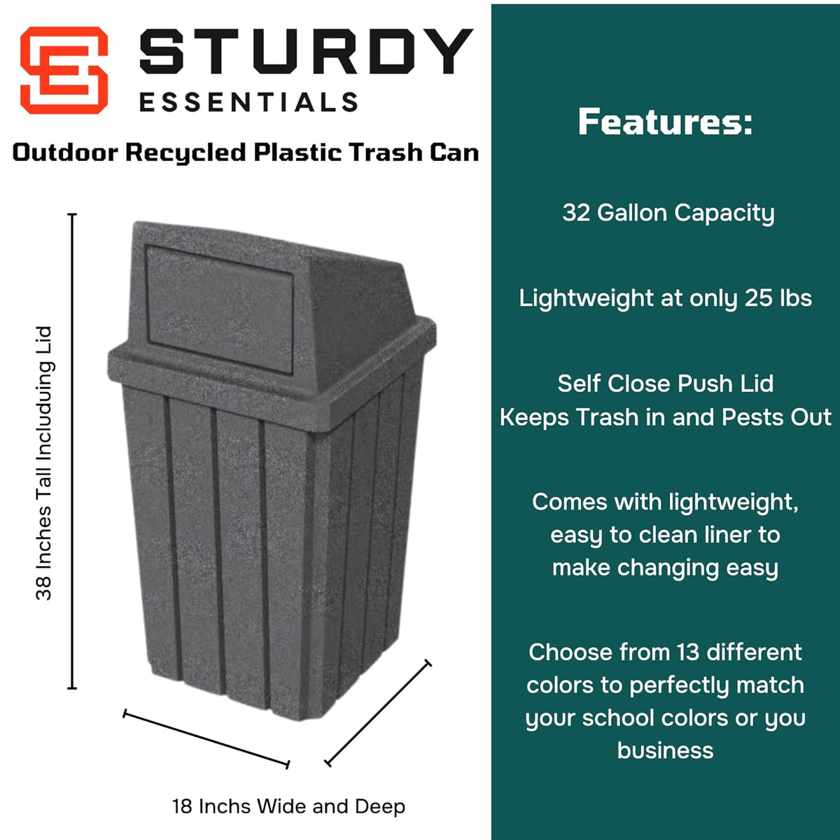32 Gallon Square Slatted 100% Recycled Plastic Heavy-Duty Commercial Outdoor or Indoor Trash Can