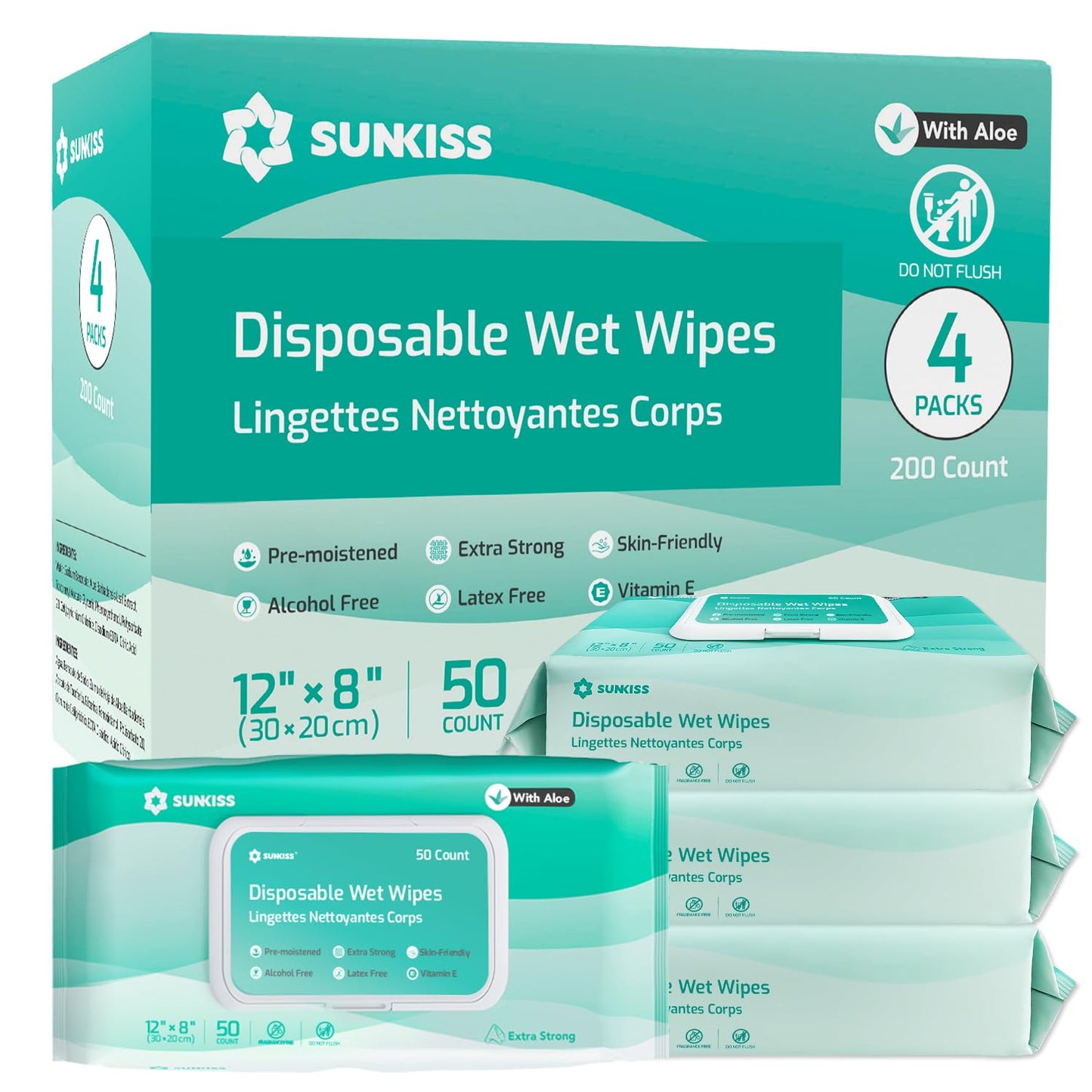 SUNKISS Trustplus Wet Wipes for Adult No Rinse, Extra Large 8”x12” Body Cleaning Washcloths for