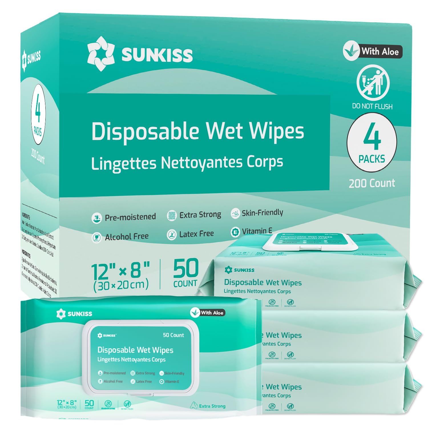 SUNKISS Trustplus Wet Wipes for Adult No Rinse, Extra Large 8”x12” Body Cleaning Washcloths for
