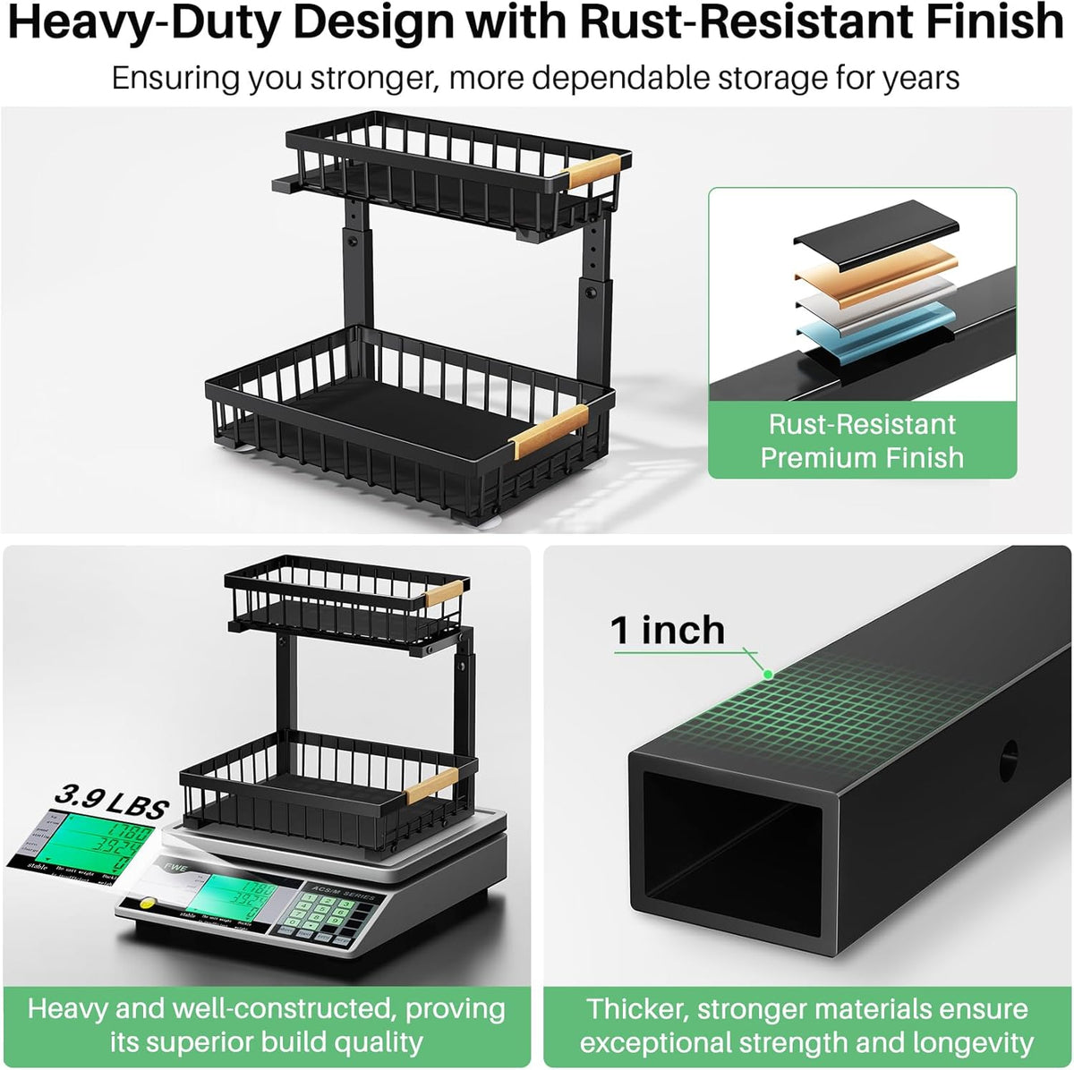 Pull out Cabinet Organizer, 2 Tier Under Sink Organizer, Slide out Metal Kitchen Cabinet Organizers