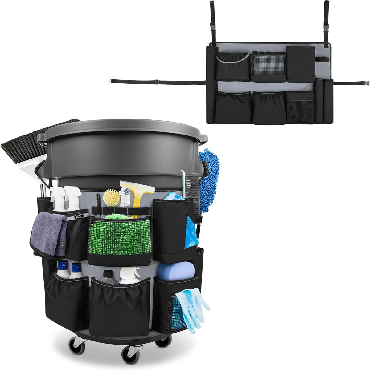 32-55 Gallon Trash Can Caddy Bag, Garbage Bin Apron Caddy with Multiple Pockets for Cleaning