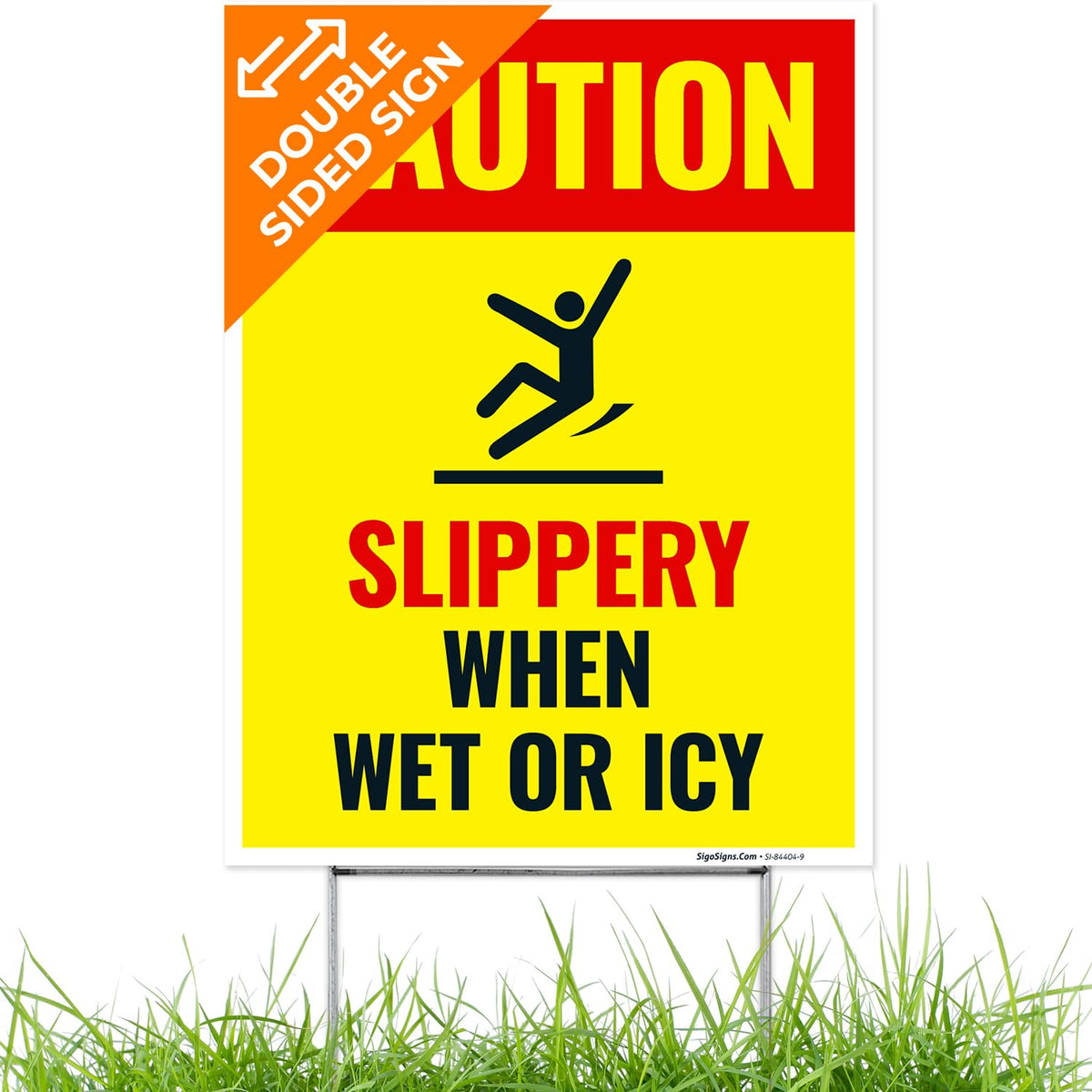 Caution Slippery When Wet or ICY Sign, (SI-84404) Double Sided 9x12 Inches, Corrugated Plastic with