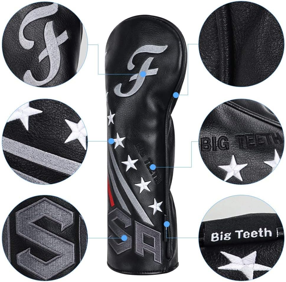 Big Teeth Golf Cover USA Stripe and Star Headcover Covers, Driver Fairway Wood Hybrid Headcovers