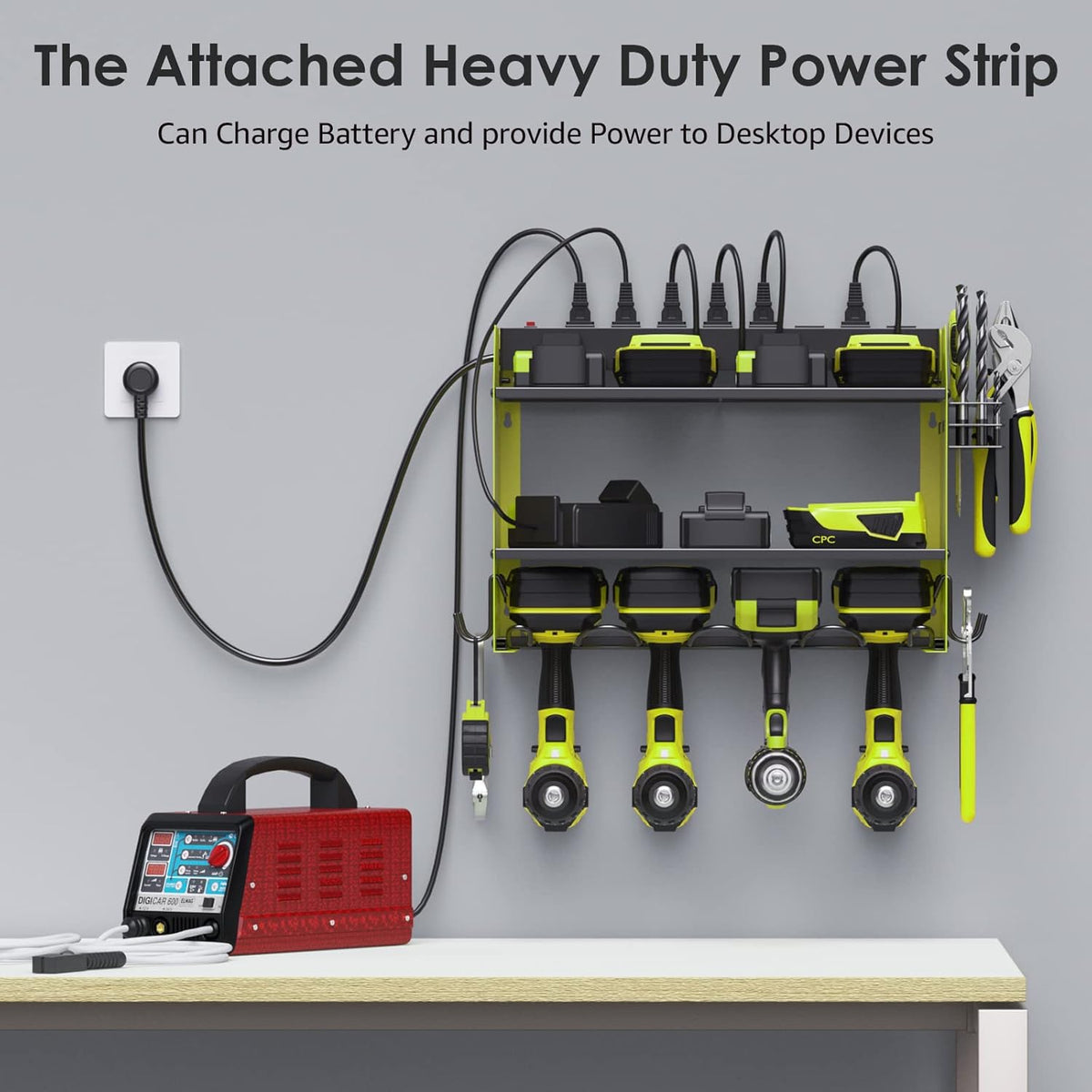 CCCEI Set Power Tool Organizer Wall Mount with Charging Station. Garage 4 Drill Storage Shelf with