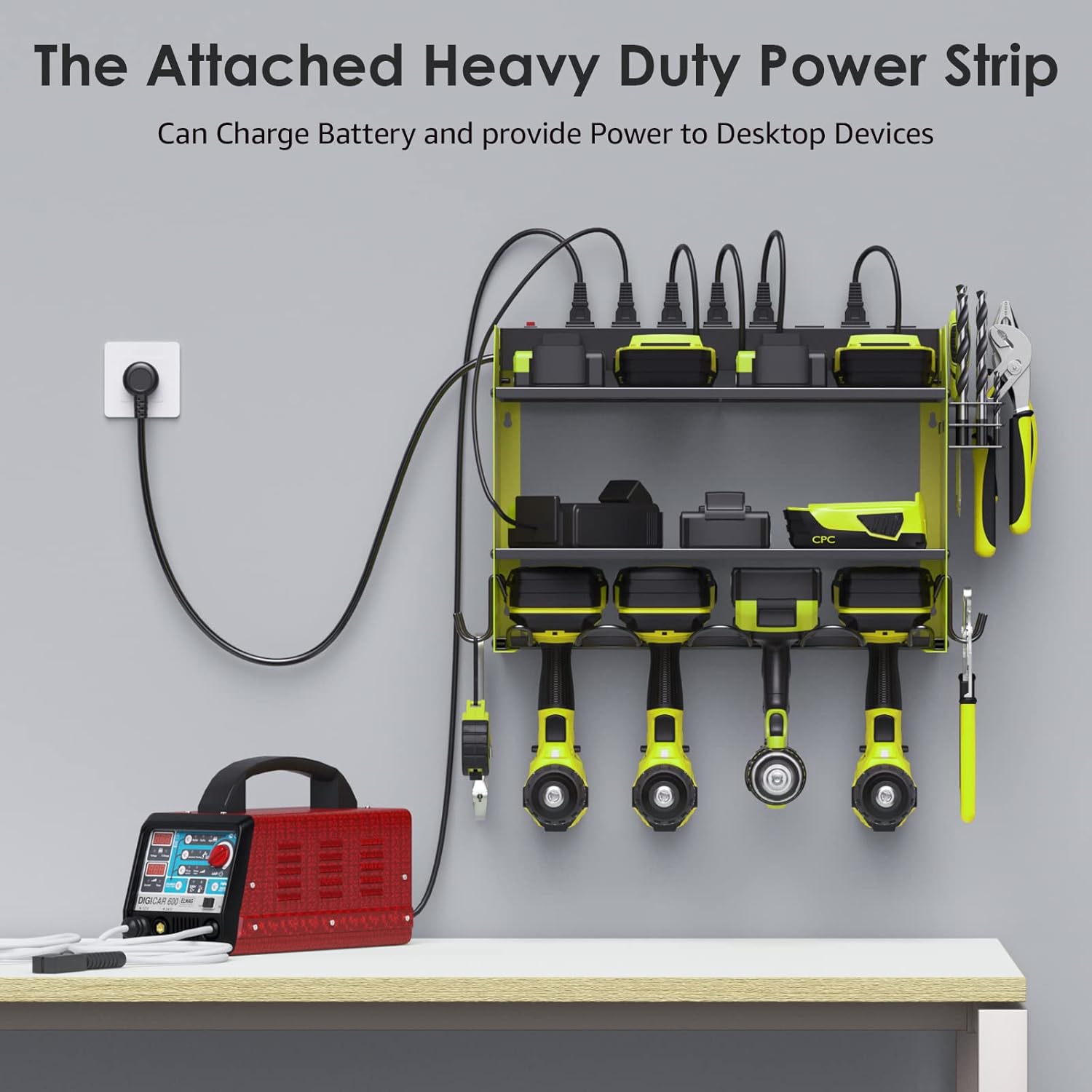 CCCEI Set Power Tool Organizer Wall Mount with Charging Station. Garage 4 Drill Storage Shelf with