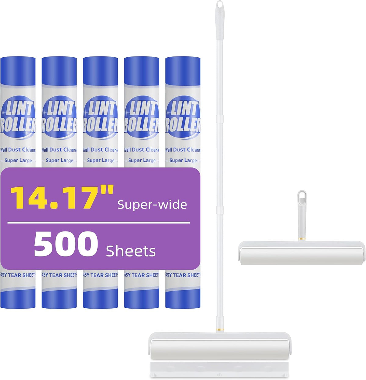 14.17" Extra-Wide Lint Roller Kit with 5 Refills & Dust Cover | Reusable Pet Hair Remover for
