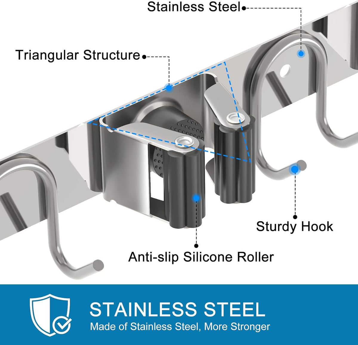 Mop Broom Holder Wall Mount, 2 Packs Silver Stainless Steel Tool Storage Organizer for Kitchen