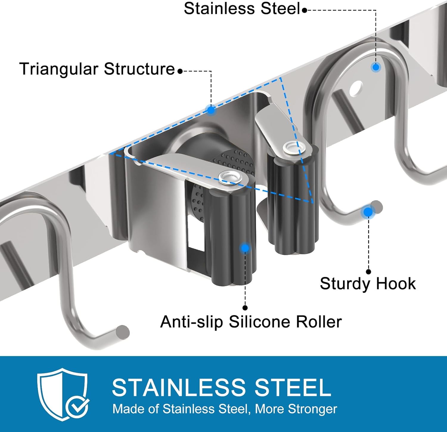 Mop Broom Holder Wall Mount, 2 Packs Silver Stainless Steel Tool Storage Organizer for Kitchen