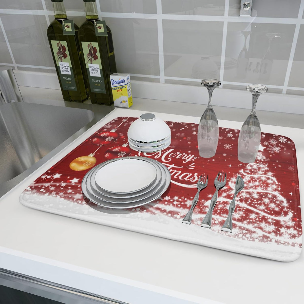 Merry Christmas Dish Drying Mat for Kitchen Counter Winter Snowflake Pine Fast Absorbent Red Drying