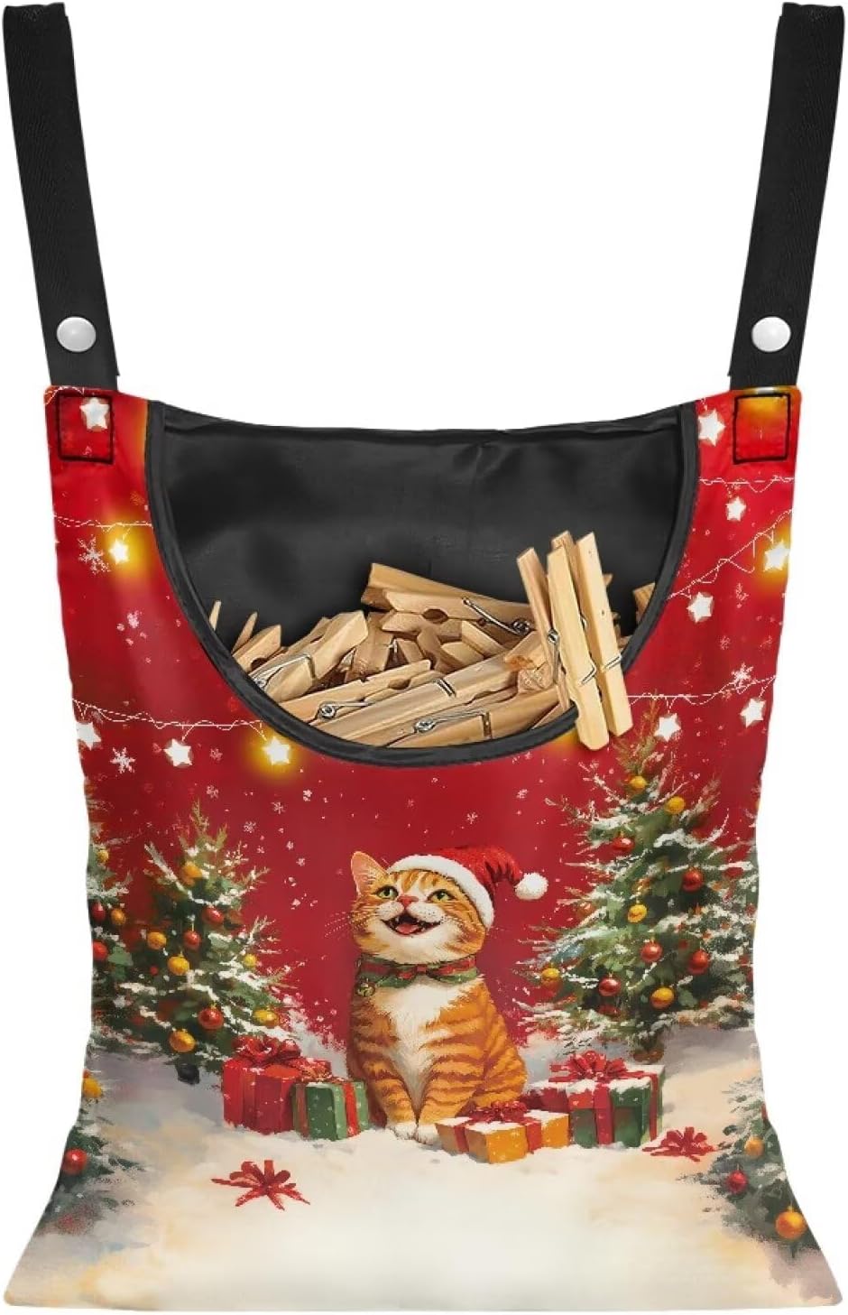 2025 Christmas Cat Waterproof Clothespin Bag with Hanging Rope - 14.5x12 Inch Storage Organizer for