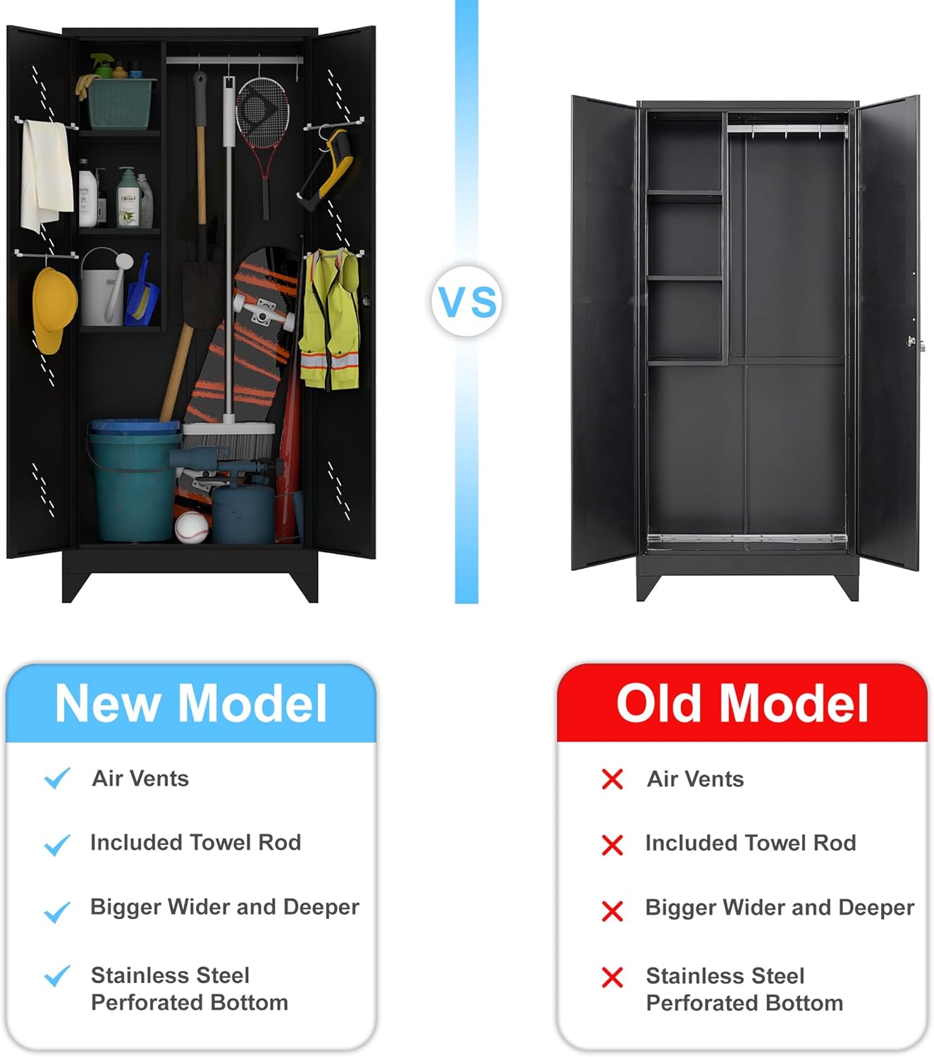 Metal Storage Cabinet with Lock Door, 75" Tall Garage Storage Cabinet with Hanging Rod, Broom
