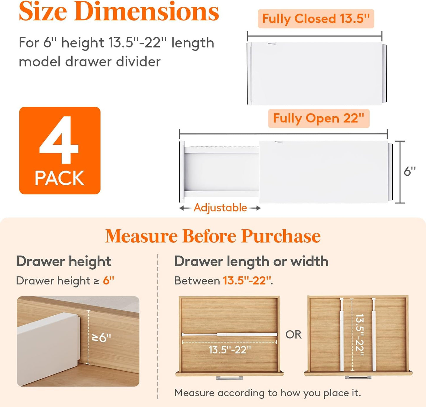 Lifewit 4 Pack Drawer Dividers Plastic 6" High, 13.5-22" Adjustable Drawer Organizers for Clothes