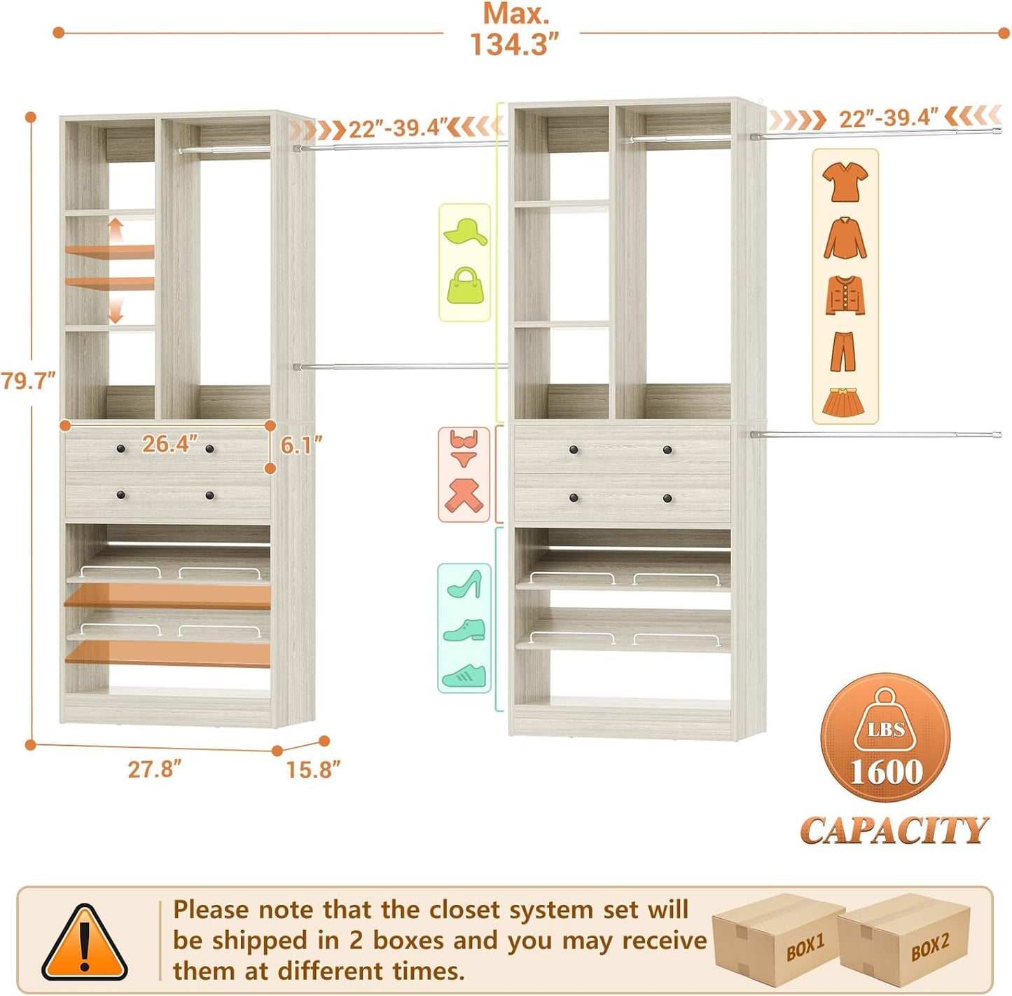 Closet System, Up to 134"/11.2 FT Closet Organizer with 4 Wooden Drawers and Shelves, Walk-in
