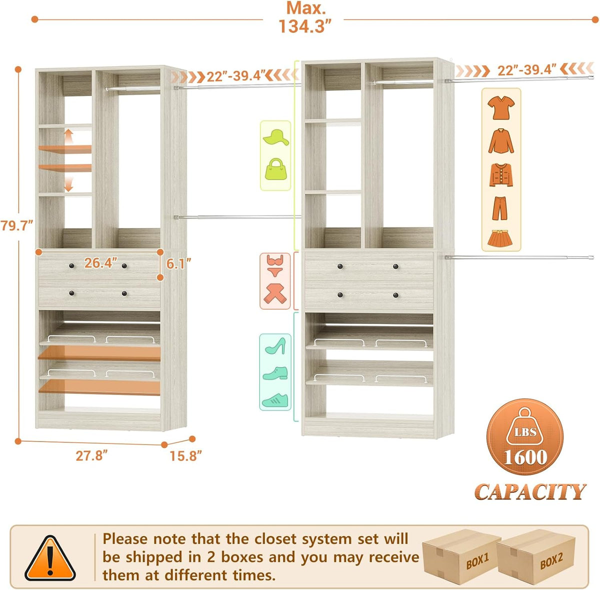 Closet System, Up to 134"/11.2 FT Closet Organizer with 4 Wooden Drawers and Shelves, Walk-in
