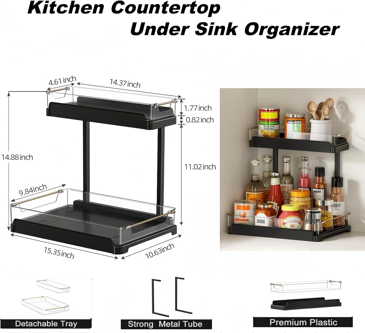 heart & home 1-Pack Under Sink Storage Organizer for Kitchen & Bathroom Cabinets with Removable