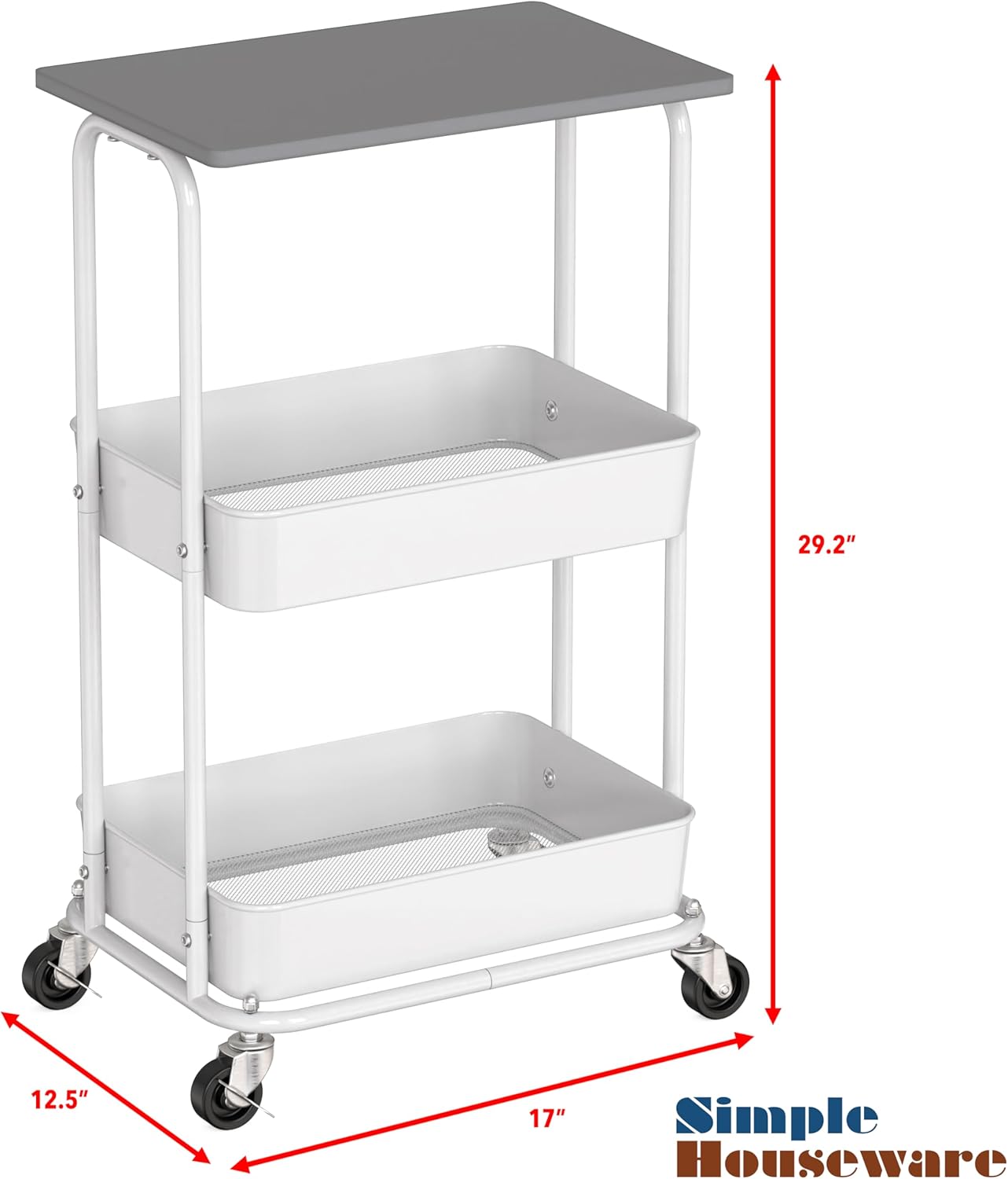 Simple Houseware 2-Tier Rolling Utility Cart with Lockable Wheels and Wood Top, Metal Storage