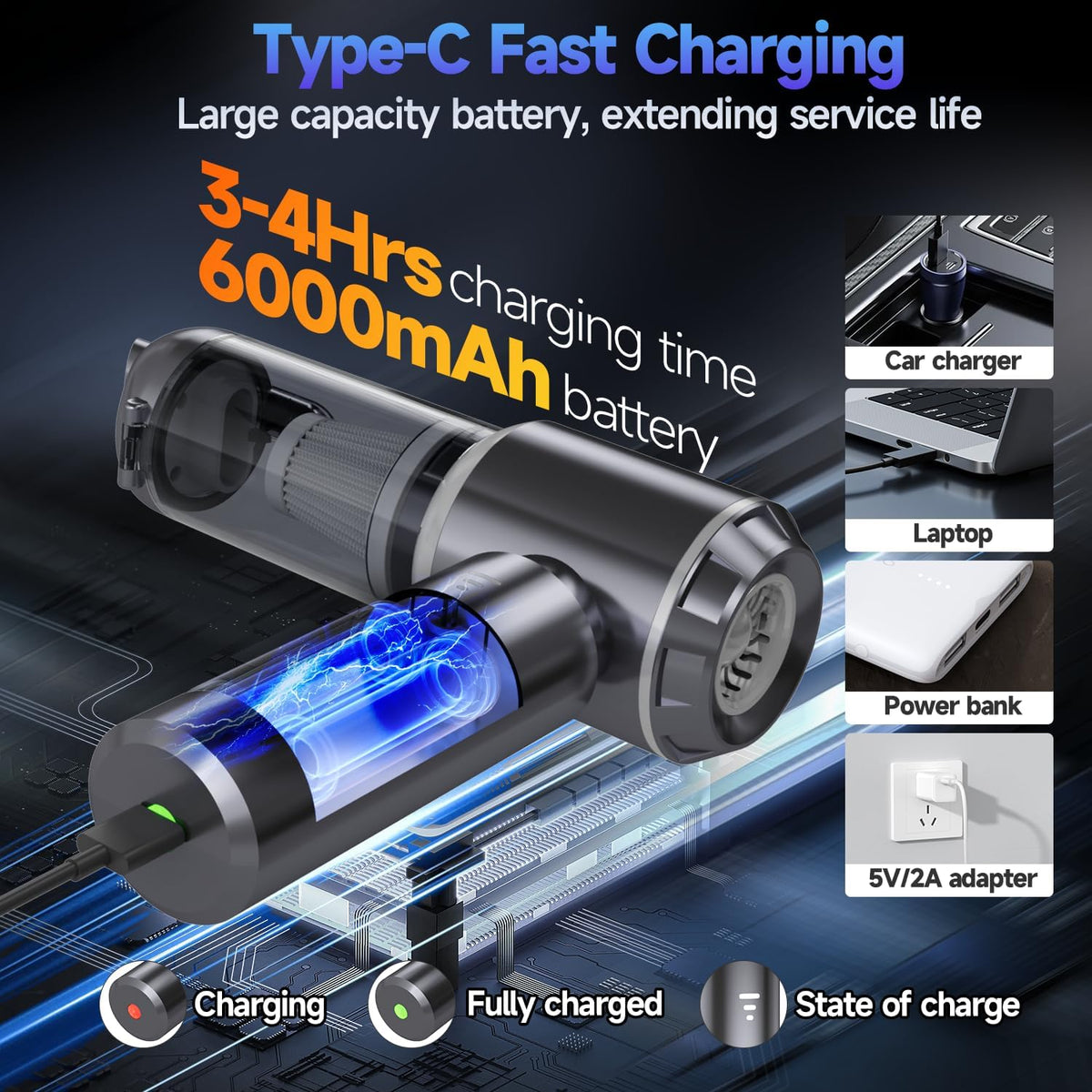 Car Vacuum Portable Cordless, Small Handheld Vacuum Cleaner with 24000PA High Power Suction, Mini