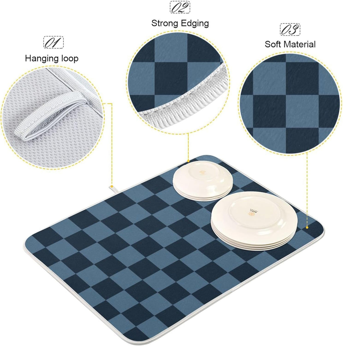 Buffalo Plaid Navy Blue Dish Drying Mat for Kitchen Countertop 16x18 Chessboard Rectangle Small