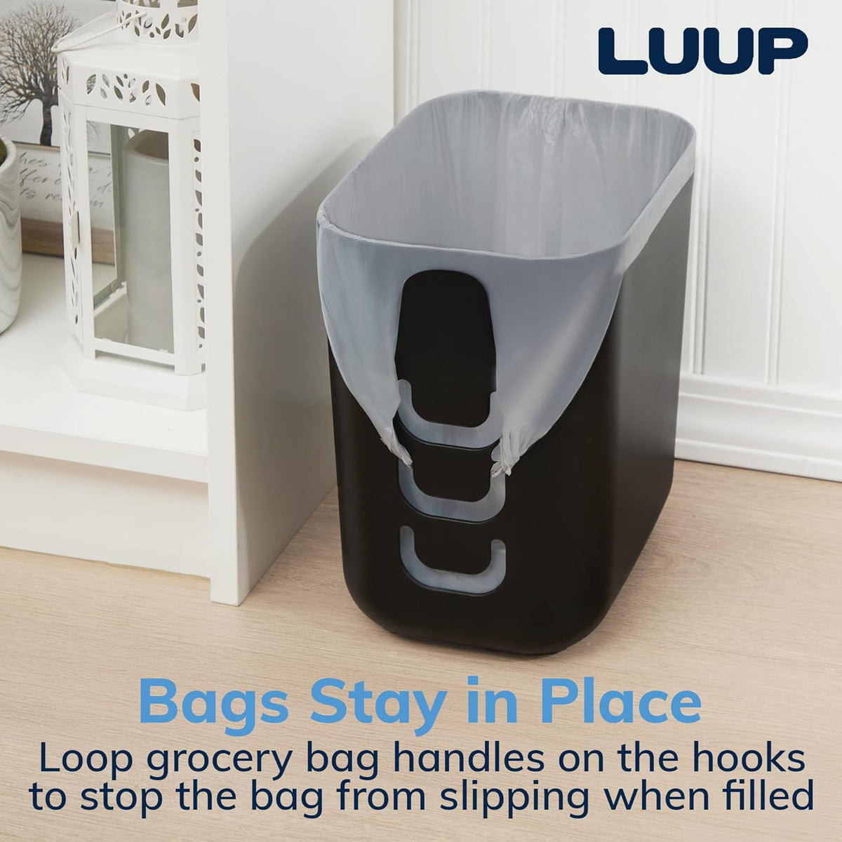 STORi Luup Bathroom Wastebasket, Secure Grocery Bags, Plastic Garbage Container for Vanity, Laundry