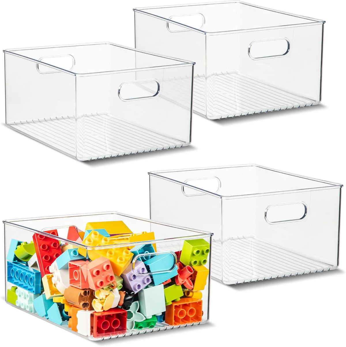 Plastic Food Storage 4 Pack Clear Container Bin with Handles for Organizing Kitchen, Pantry