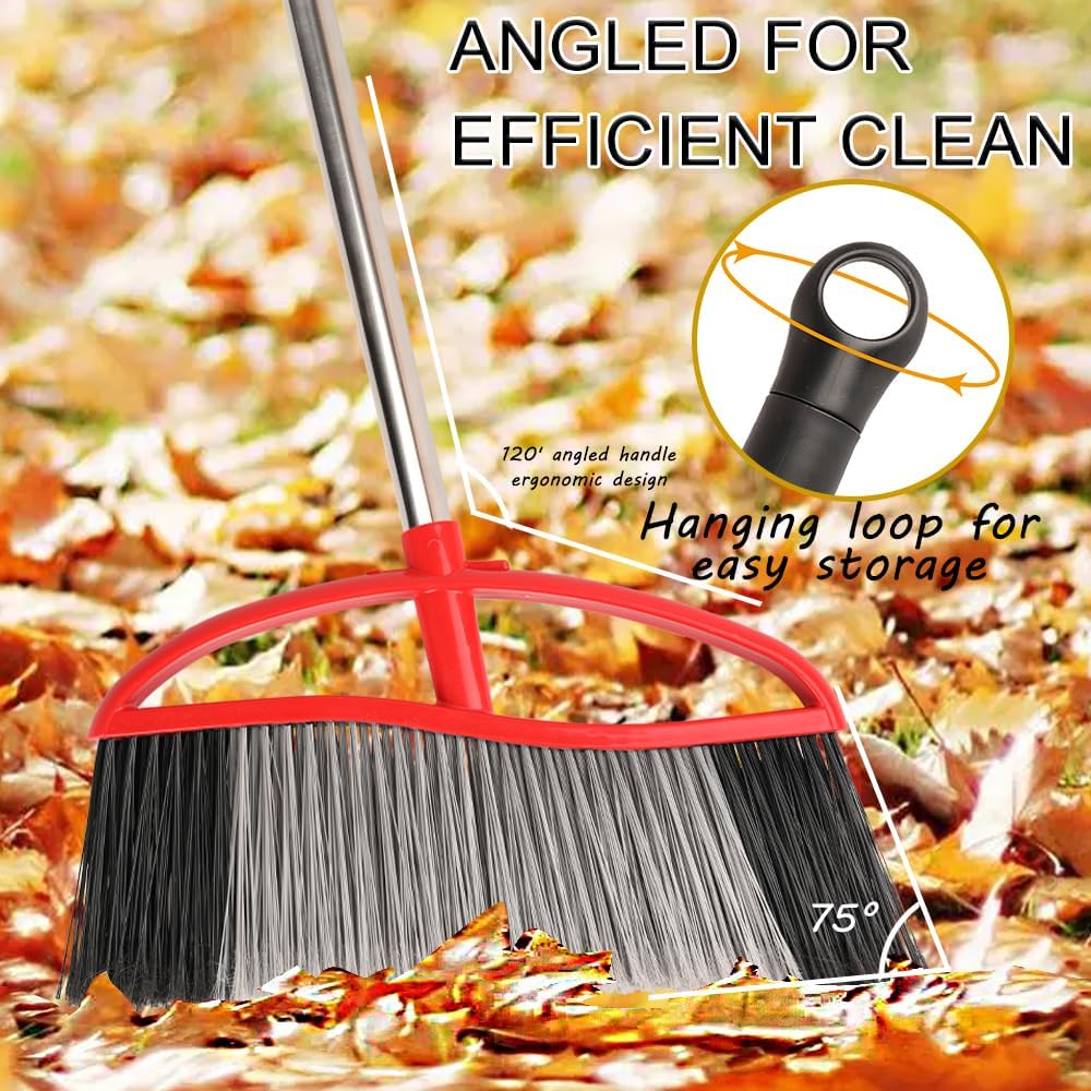 Outdoor Broom, 15.7" Wide Heavy Duty Angle Broom with Long Handle, Stiff Bristles for Sweeping