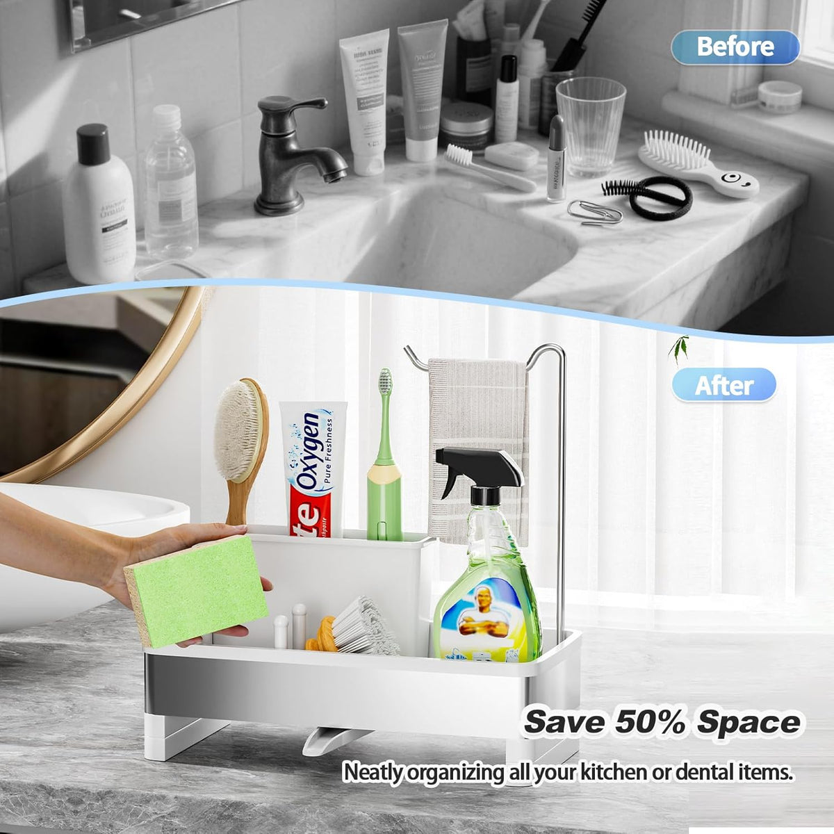 Stainless Steel Sink Caddy, Sponge Holder for Kitchen Sink with Brush Holder & Dishcloth Rack