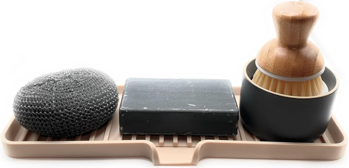 Happitasa Silicone Soap Dish Tray and Sponge Holder with Drain Chute | Bathroom and Kitchen Sink