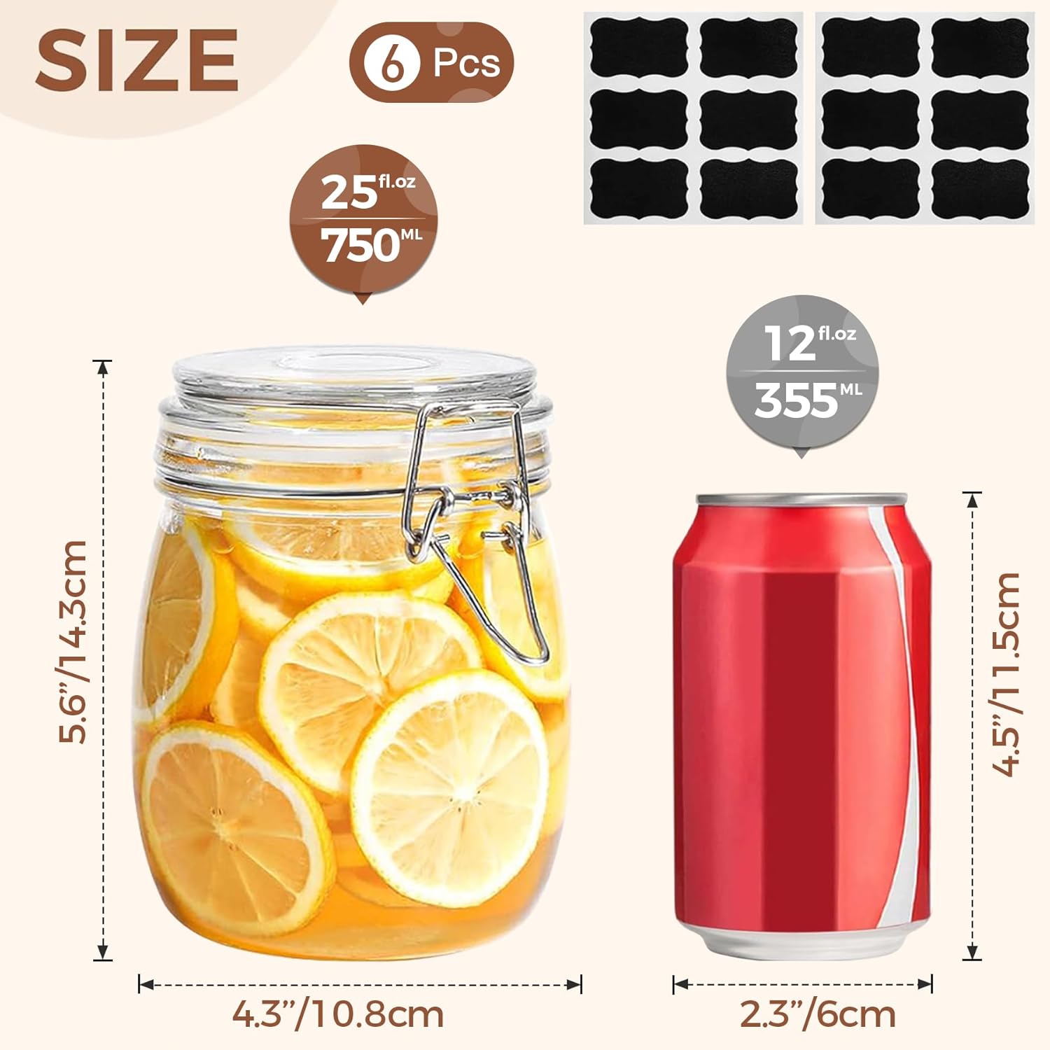 ComSaf 25oz Airtight Glass Canisters with Lids Set of 6, Round Food Storage Jar Container with
