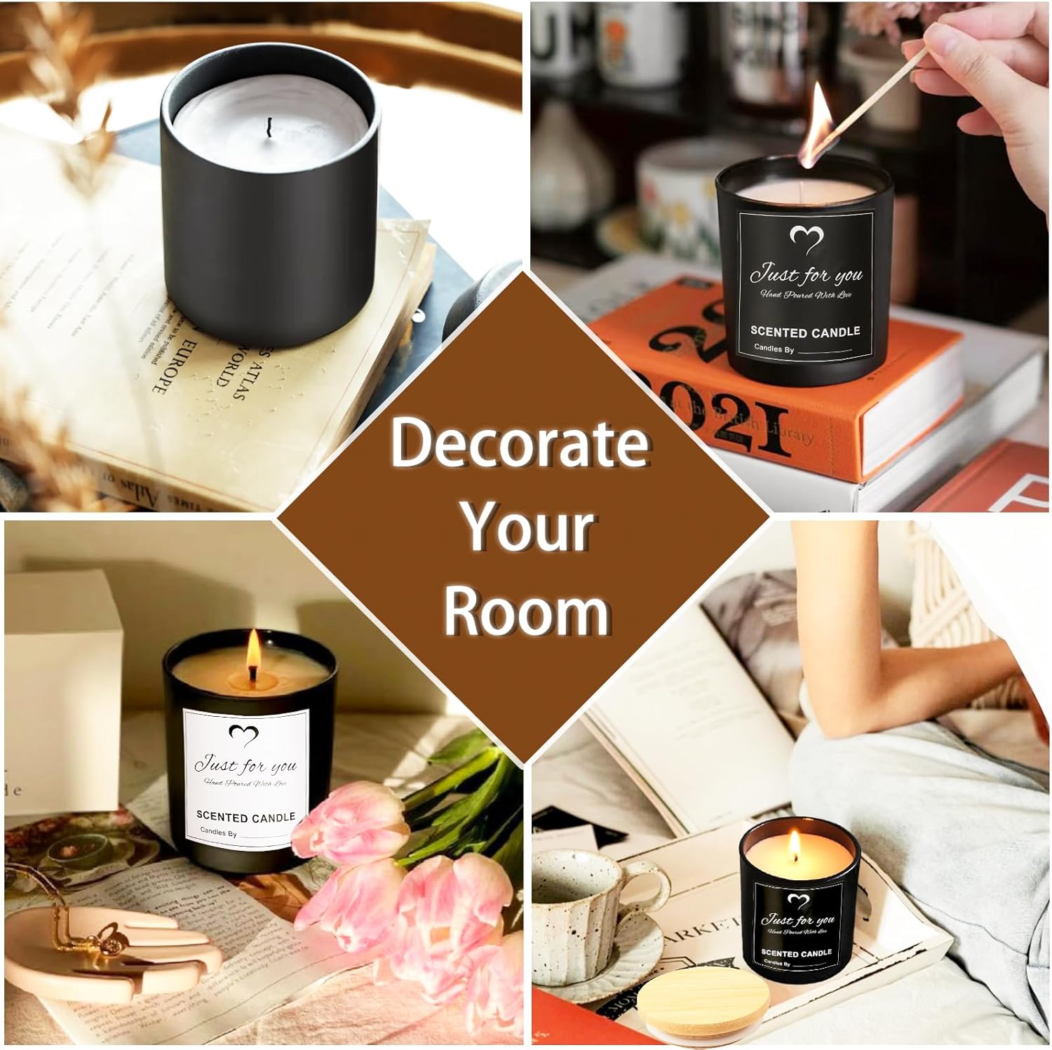 CONNOO 8 Pack 14 OZ Empty Black Glass Candle Jars for Making Candles with Bamboo Lids and Sticky