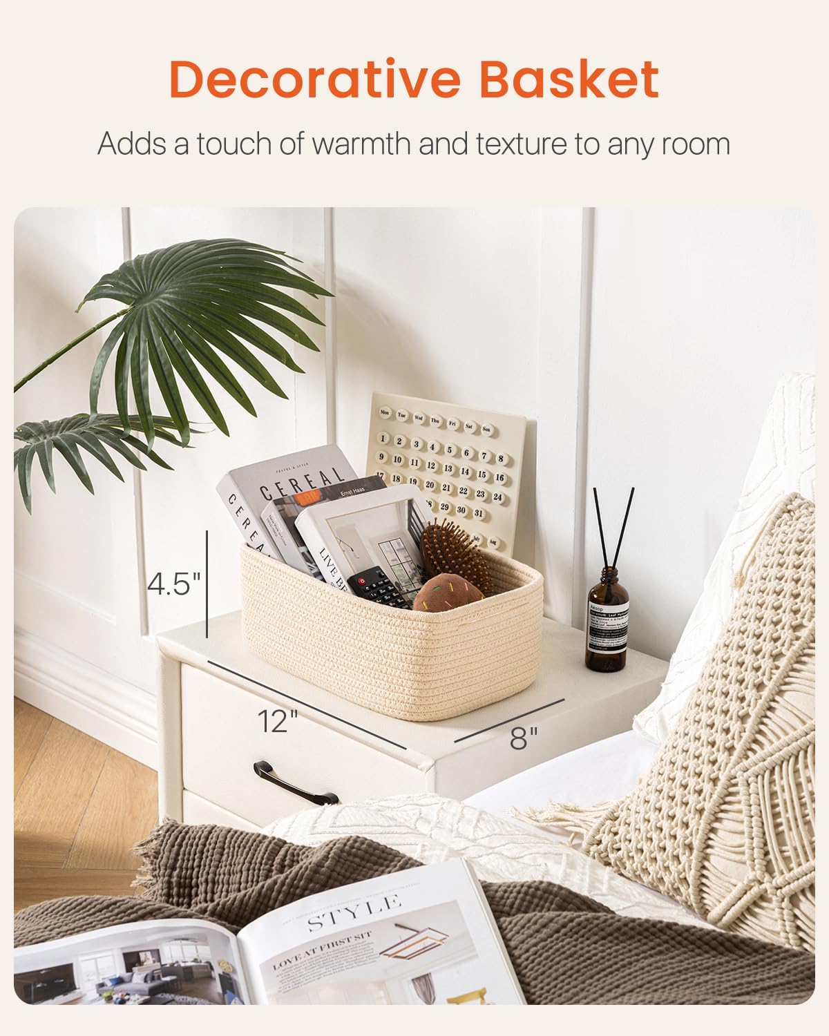 Small Woven Basket, 12 x 8 x 4.5 Inches, Storage Basket for Organizing, Cute Small Rope Shelf