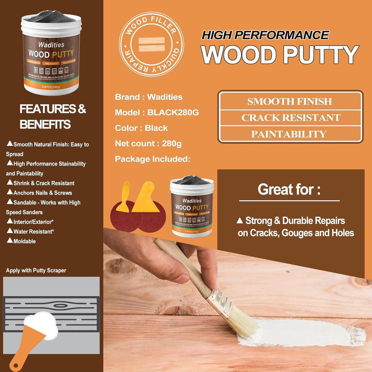Black Wood Filler, Black Wood Putty, Paintable Stainable Wood Repair Putty, 9.87 Ounce Wood