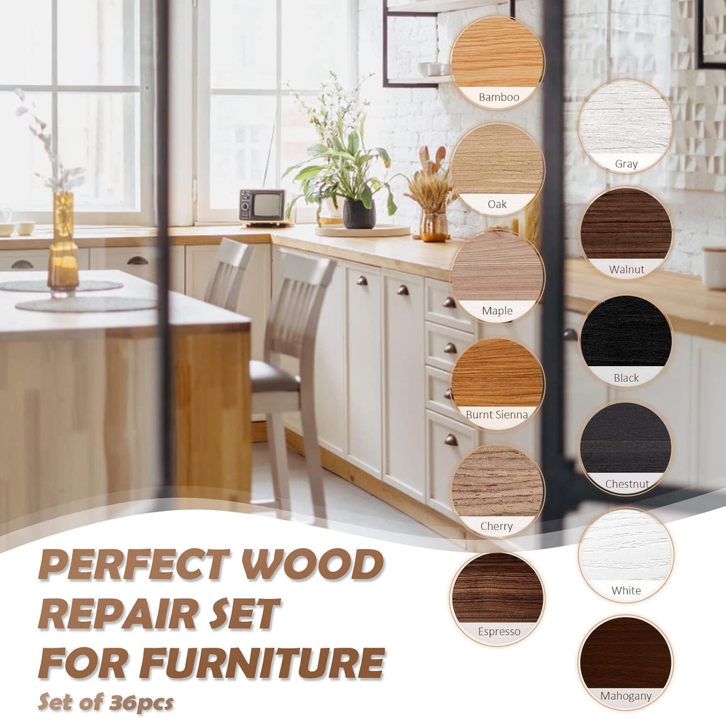 SEISSO Wood Scratch Repair Kit - Set of 36 Wood Filler Putty for Scratches Furniture Markers Touch