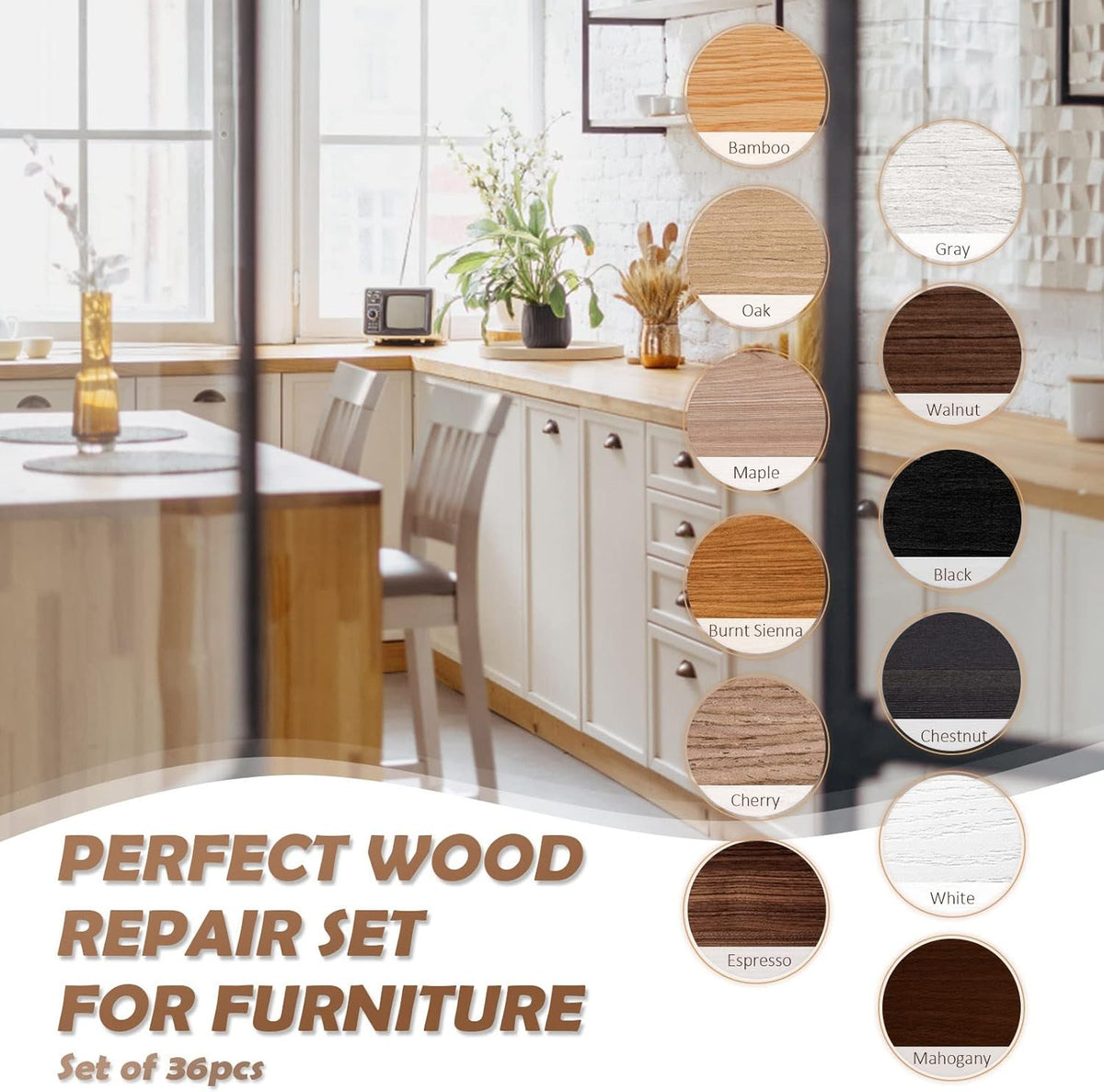 SEISSO Wood Scratch Repair Kit - Set of 36 Wood Filler Putty for Scratches Furniture Markers Touch