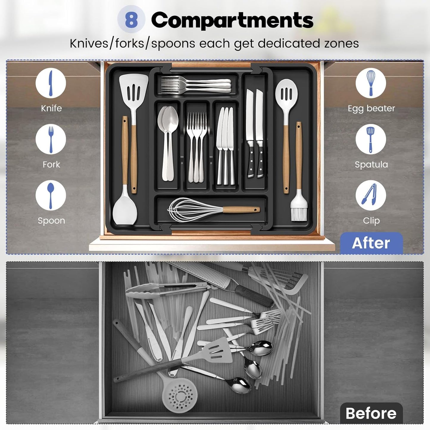 Caperci Large Silverware Organizer for Kitchen Drawer & Utensils - Expandable Drawer Organizer for