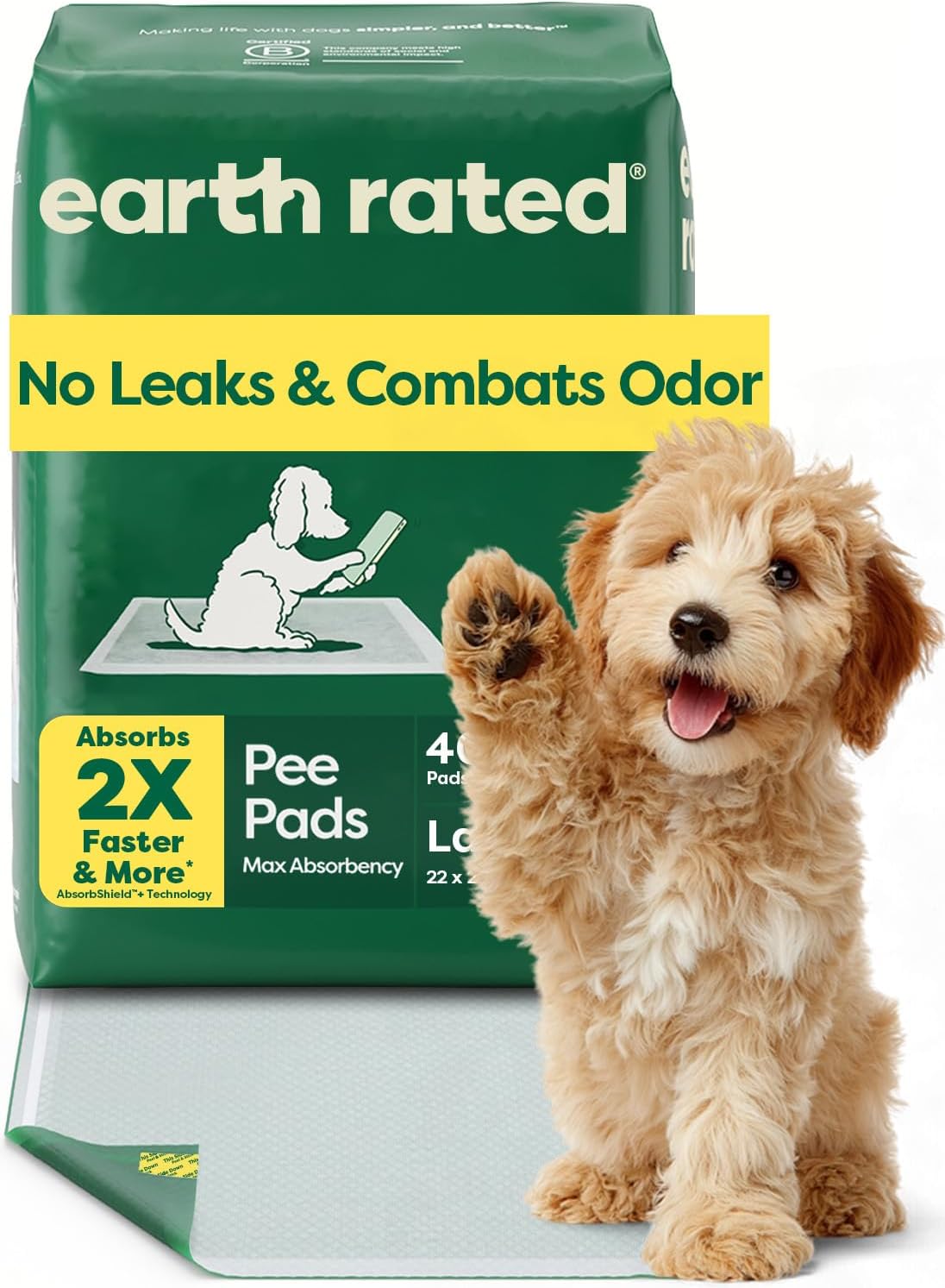 Earth Rated Max Absorbency Puppy Pee Pads for Dogs Absorbs 2X Faster & 2X More, Leak-Proof, Odor