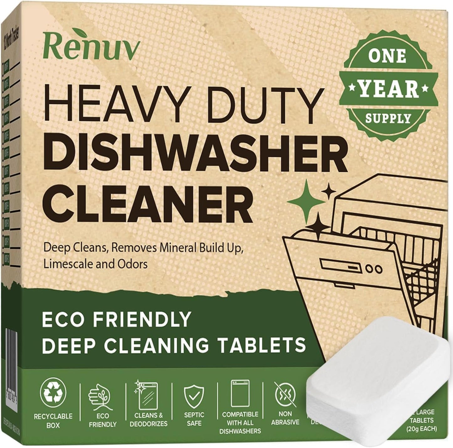 Heavy Duty Dishwasher Cleaner and Deodorizer Tablets, Descaler, Deep Cleaning, Natural Odor and