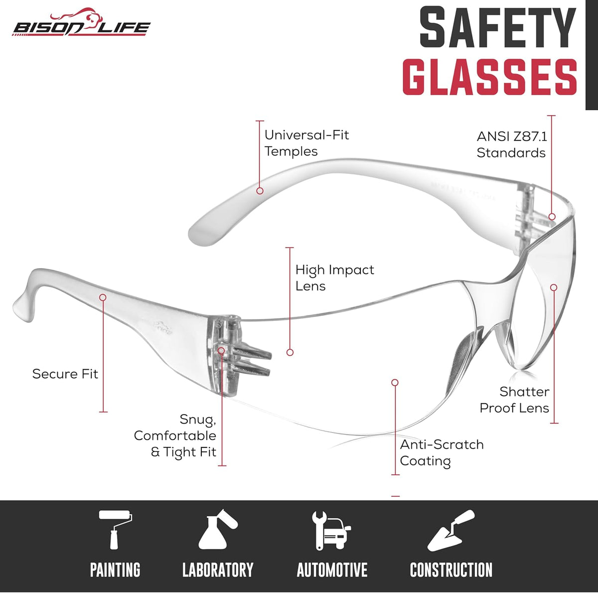 BISON LIFE Safety Glasses - Scratch Resistant Wrap Around Eyewear, Polycarbonate ANSI Z87.1 Impact