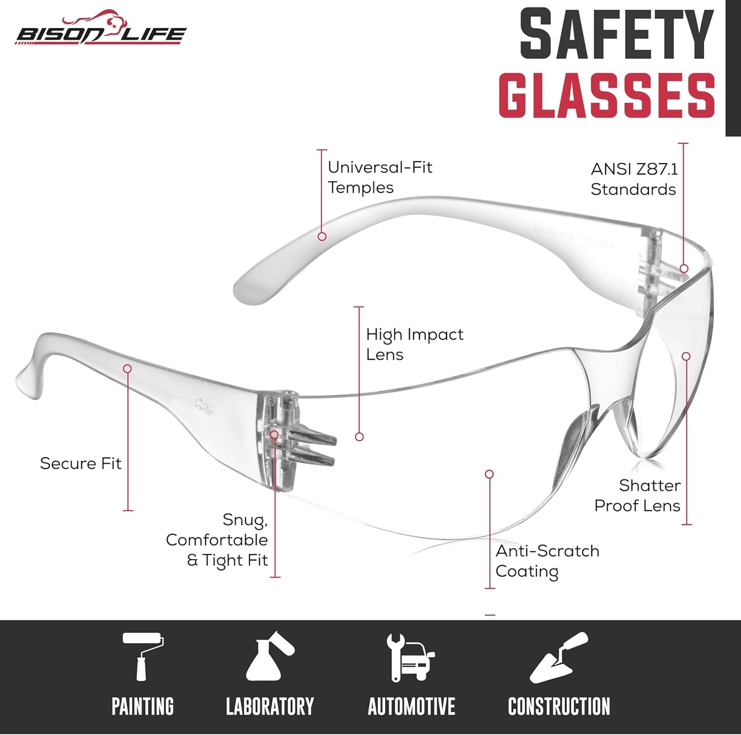 BISON LIFE Safety Glasses - Scratch Resistant Wrap Around Eyewear, Polycarbonate ANSI Z87.1 Impact