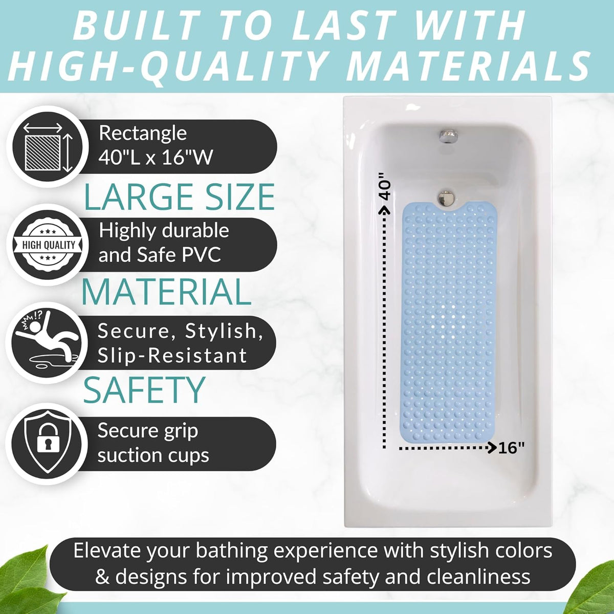 ENKOSI Non-Slip Bath Mat - Extra Long 40 x 16 Inch Large Anti-Slip Tub & Shower Mat with Suction