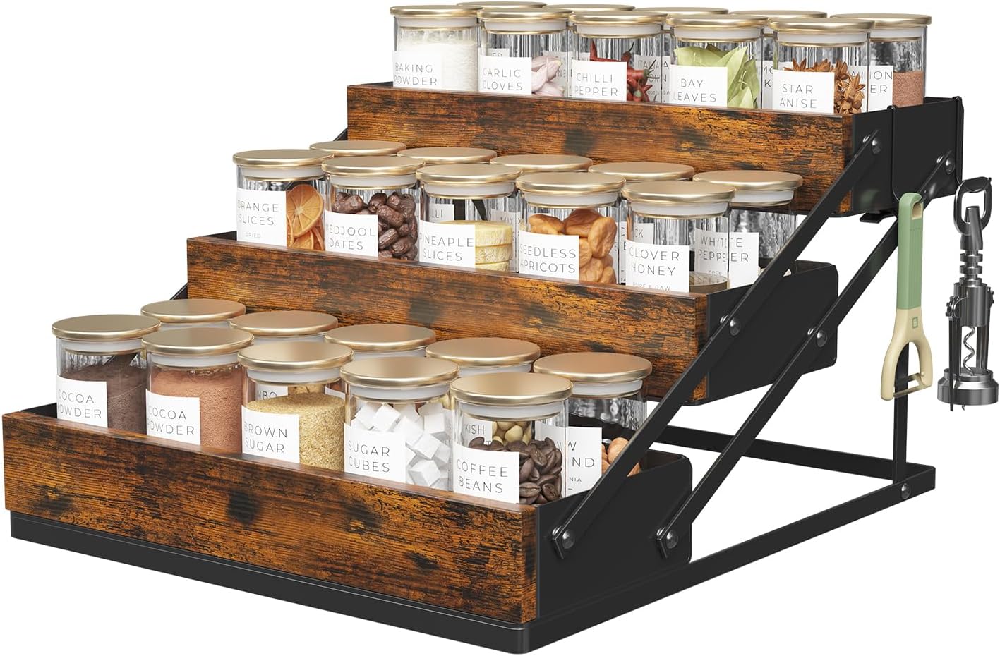 3 Tier Spice Rack Organizer for Cabinet, Foldable Spice Rack for Countertop, Cabinet Drawers Rustic