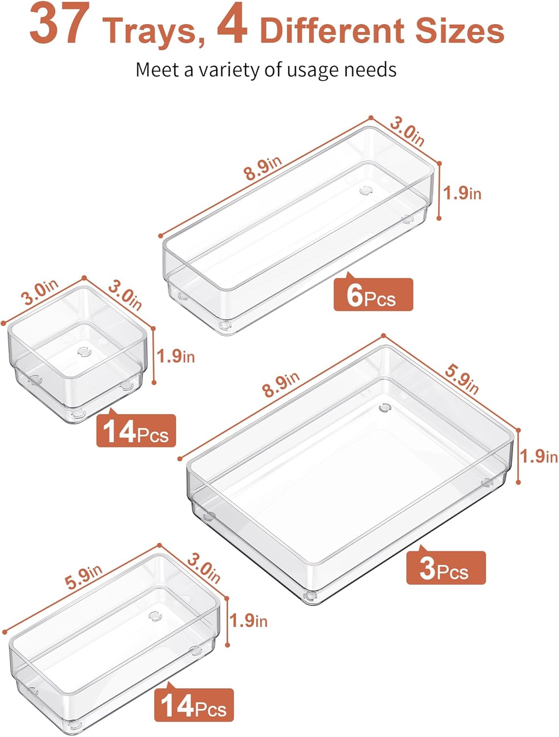 SMARTAKE 37-Piece Drawer Organizer with Non-Slip Silicone Pads, 4-Size Desk Drawer Organizer Trays