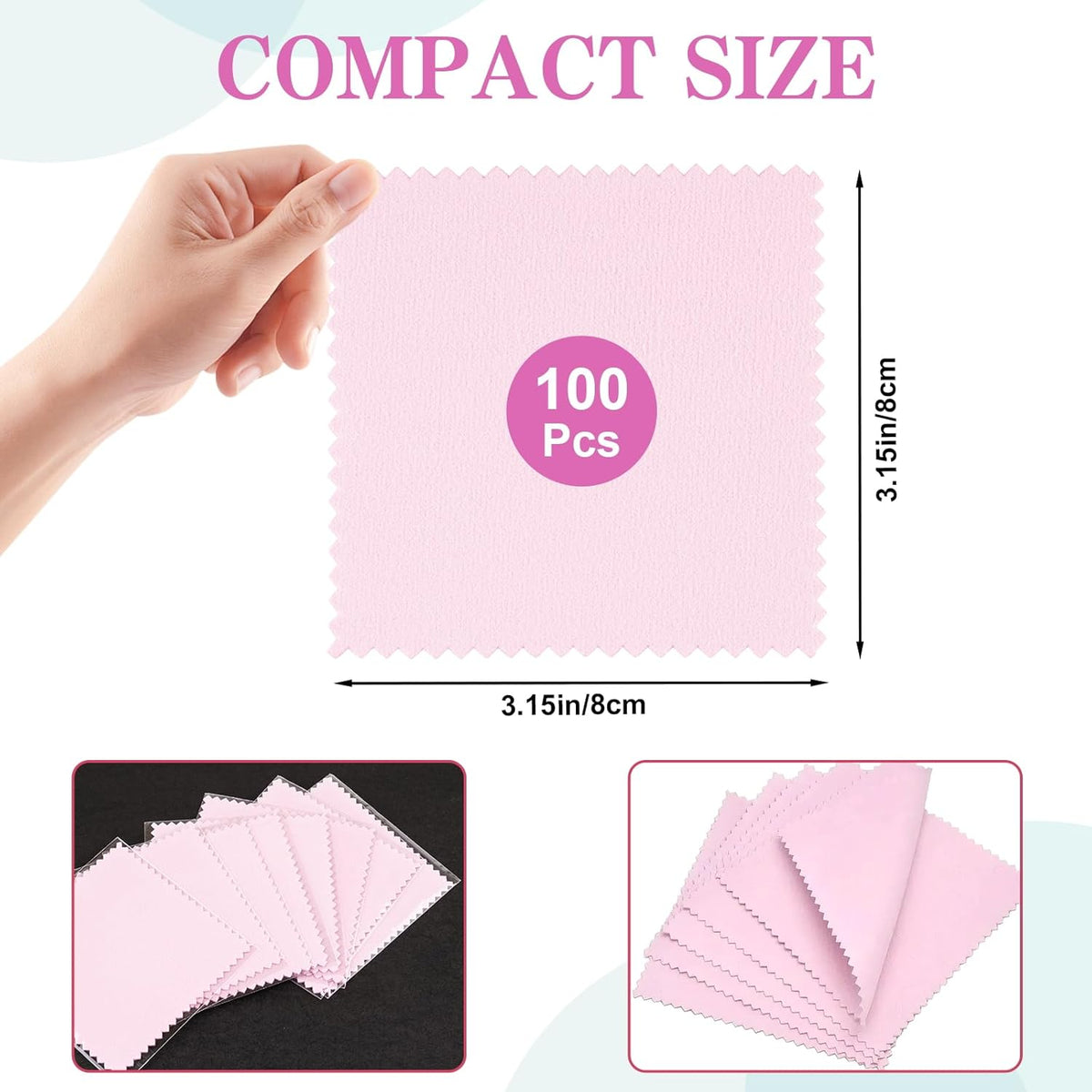 100 Pack Jewelry Polishing Cloth, 3.15" x 3.15" Pink Cleaning Cloths, Small Silver Cleaning &