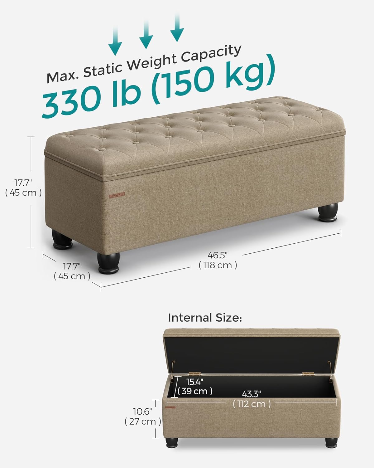 SONGMICS Storage Ottoman, Storage Bench, Tufted Entryway Bedroom Bench, 17.7 x 46.5 x 17.7 Inches