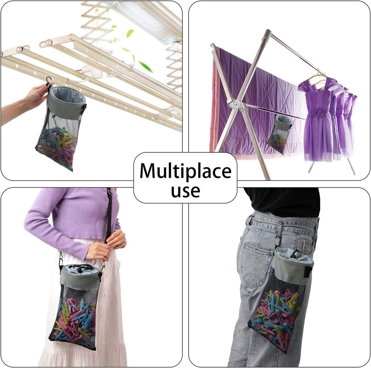 Mesh Clothespin Bag with Hooks Hanging Clothes Pin Bag with Drawstring Closure Clothespin Holder