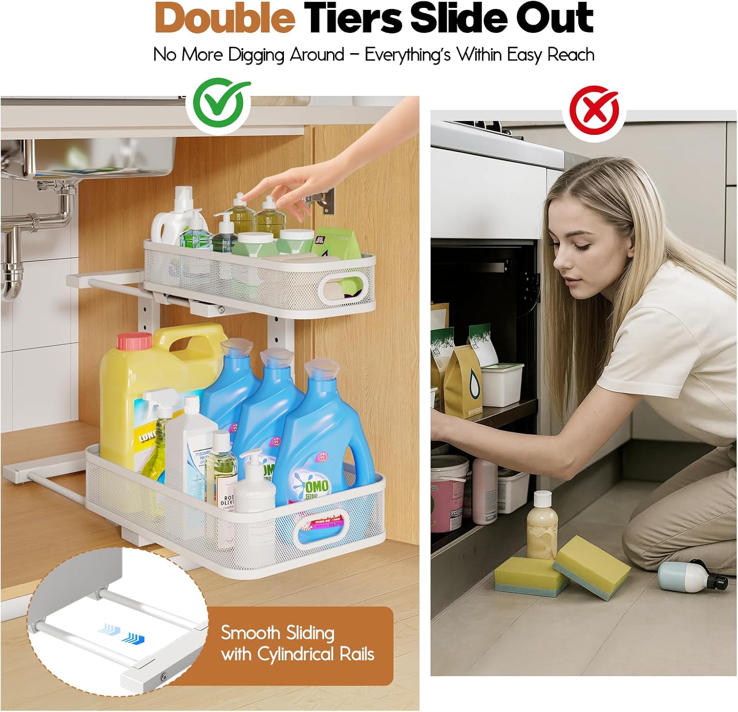 2 Pack Under Sink Organizer With Smooth Cylindrical Rail,2-Tier Pull Out Multi-Purpose Cabinet